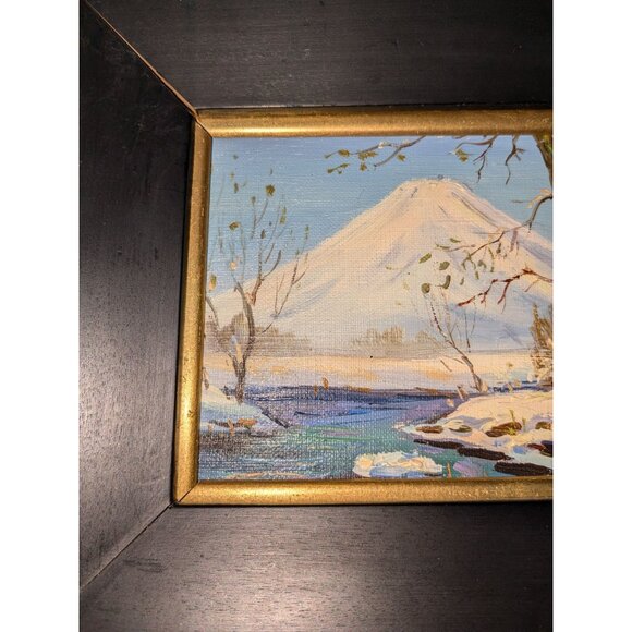 Set Of 4 Hand-Painted Mount Fuji Seasonal Scenes in Black & Gold Wooden Frames - Picture 12 of 16